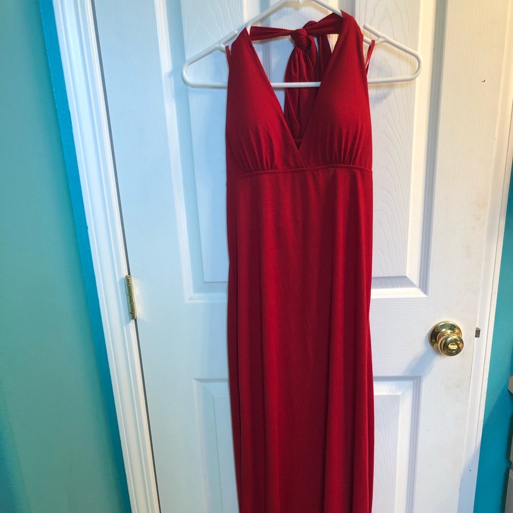 Red halter top long dress